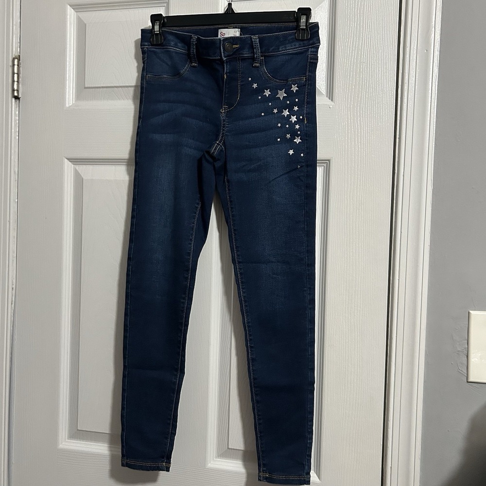 SO Girls Size 12 Dark Wash Skinny Jeans with Silver Foil Stars